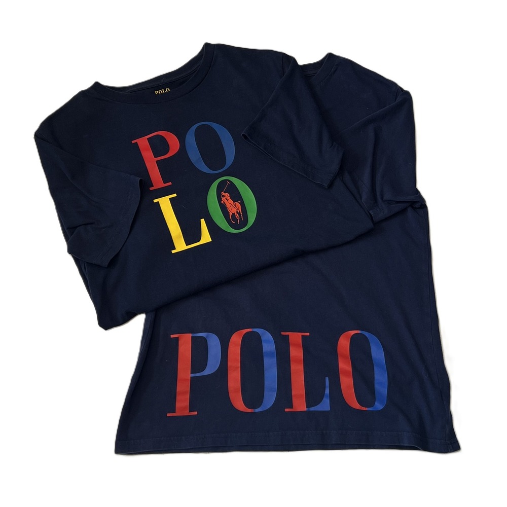 Lot of 2 Polo Ralph Lauren T-shirts Boys 14/16 Navy Blue w/Logo Preppy Retro